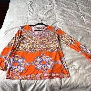 Susan Graver Orange and White Graphic Long Sleeve Tee